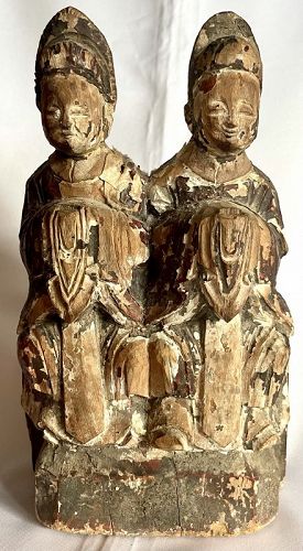 Antique Chinese Wood Sculpture of Royal Couple, Published Collection