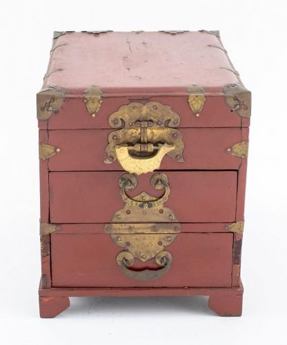 Rare Red Lacquered Inkstone Box of Drawers with Symbolic Metalwork