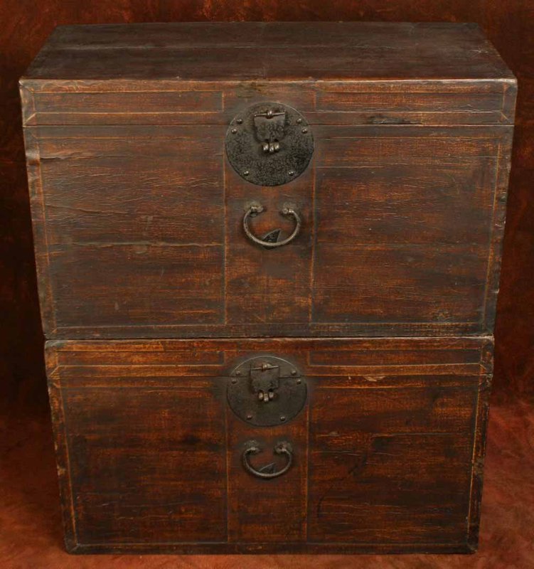Perfect Pair of Old Oiled Paper on Wood Wedding Chests