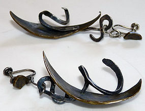 1950s Modernist Bronze & Sterling Artisan Earrings