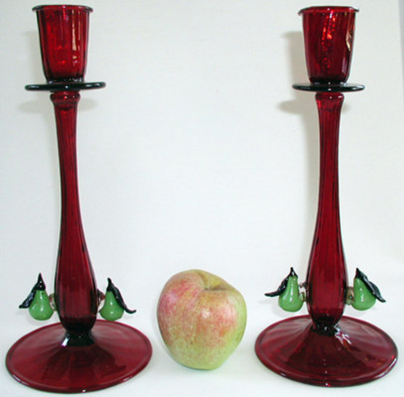 Early Ruby Red Candlesticks with Applied Pears (item