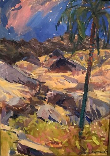 English  Artist Binny Mathews Indian Landscape Mt. Abu, Oil 17” x 14”
