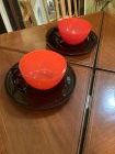 Czech Mid Century Art Glass  Red & Black Cups And Saucers