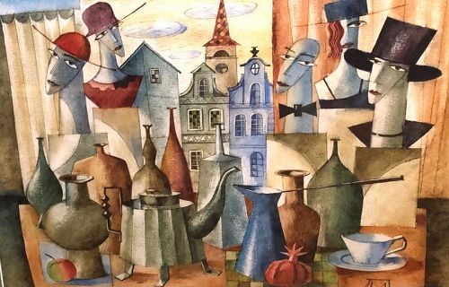 RussianArtist Signed LI,  Cubist  Figures in Watercolor 20” x 24”