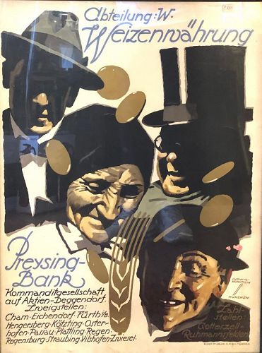 German Expressionist Weizenwahrung Preysing Bank Lithograph 1923