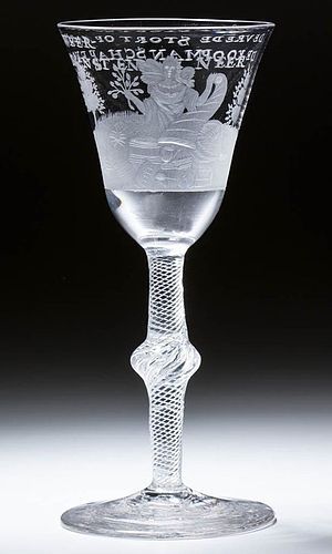 A Georgian Antique Dutch Engraved Air Twist Wine Glass c1755