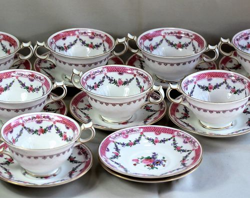8 English "Crescent" Porcelain Bouillon Cups & Saucers