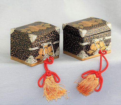 2 Japanese Hina Doll Miniature Boxes, Lacquer on Wood