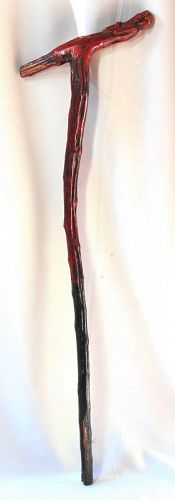 Chinese Red Lacquer on Wood Cane, Scholar handle
