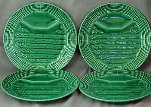 4 French Majolica Asparagus Plates, green glazed Faience