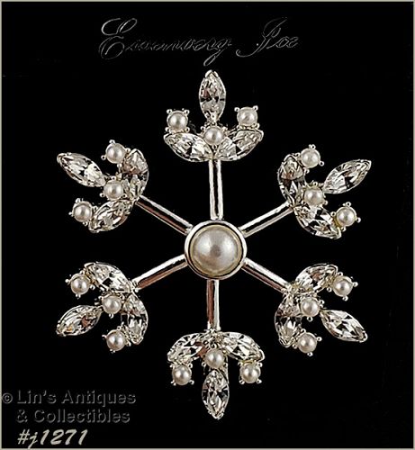 Signed Eisenberg Ice Faux Pearl and Clear Rhinestone Snowflake Pin