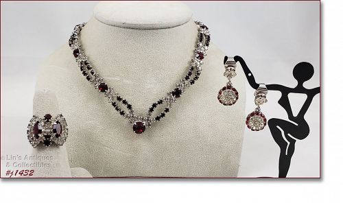 Eisenberg Ice Red and Clear Rhinestone Necklace with Extras