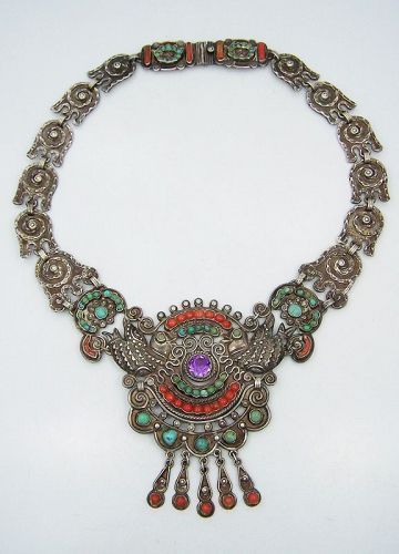 Matilde Poulat Matl Jeweled Vintage Mexican Silver Palomas Necklace