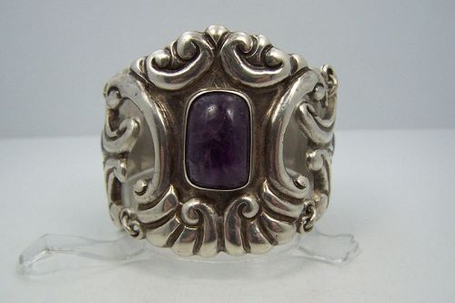 Myers Huge Vintage Mexican Silver Bracelet With Amethyst