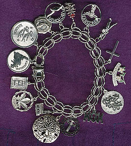 STERLING CHARM BRACELET with 16 CHARMS 1960s Double Loop Link