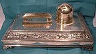 Ornate Victorian SP Ink Stand with Pot, Drawer & Pen Rest 1860