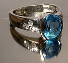 10K WHITE GOLD BLUE TOPAZ RING with DIAMONDS - Size 8