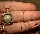 14k MABE PEARL Diamonds Octagon Pendant Necklace 1970s 14 K Chain