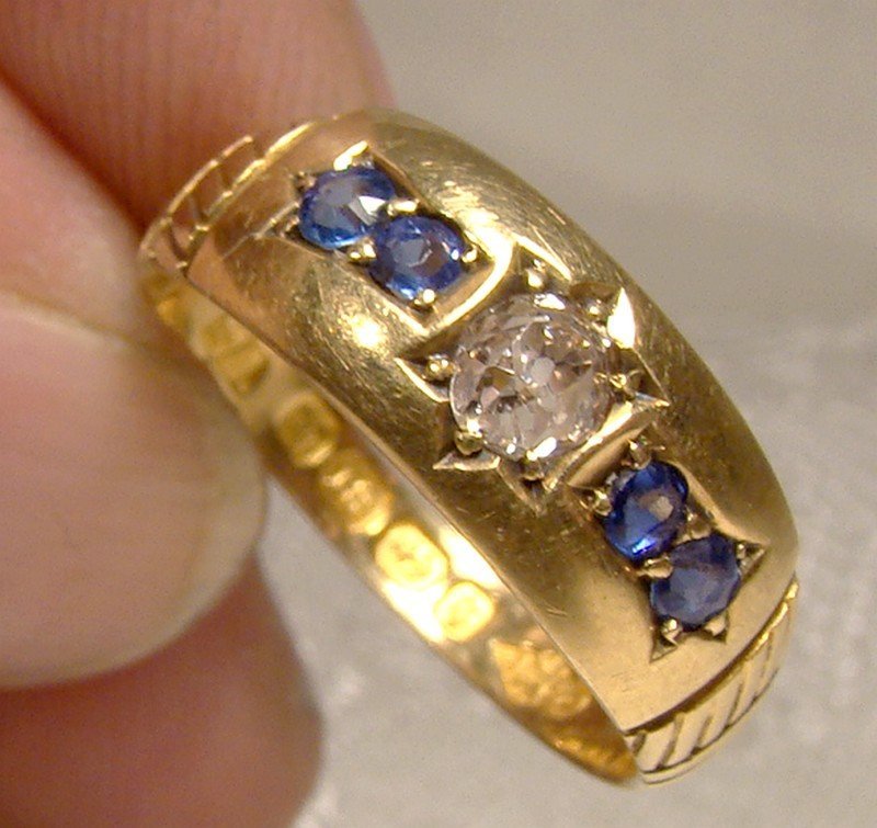 18K Sapphires & Diamond Victorian Ring 1890 Size 6-3/4