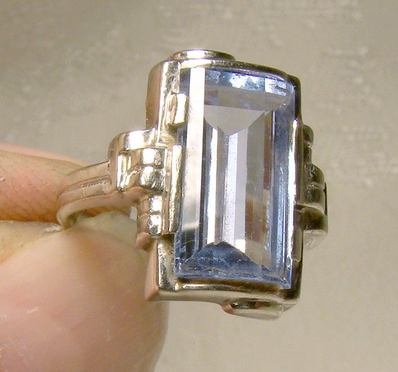 Industrial Art Deco 10K White Gold Blue Topaz Ring 1930 10 K Size 4