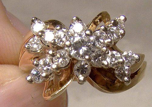 14k Yellow Gold Diamonds Butterfly Cluster Cocktail Ring 1960s Apprais
