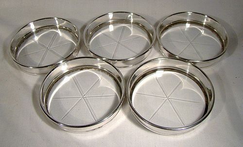 Set of 5 Birks Sterling and Crystal Drinks Coasters