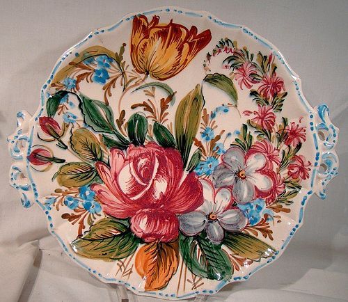 Italy Roses Tulips Faience Handled Cake Platter or Plate 1950s