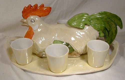 German Porcelain Chicken Figural Schnapps Decanter Glasses Tray 1920s