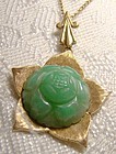 10K Carved Green Jadite Jade Lotus Flower Pendant on Chain Jadeite