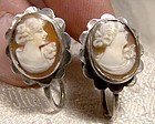 Pair Carved Shell Cameo 800 Silver Screwback Earrings 1940s