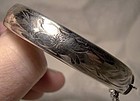 Sterling Silver Hinged Bangle Bracelet 1940s 1950 Hand Engraved Retro