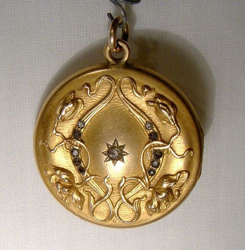 Art Nouveau Poppies Gold Filled Photo Locket with Paste Stones 1900