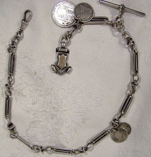 Victorian Sterling Silver Ornate Link Silver Coins Watch Chain