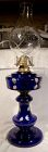 Victorian 21" Cobalt Glass Oil Lamp with Etched Chimney & Enamel 1890s