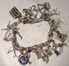 Textured Folded Link Sterling Silver Charm Bracelet with 17 Charms