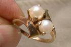 10K Yellow Gold Twin Cultured Pearls Ring 1940s-50s - Size 6-3/4