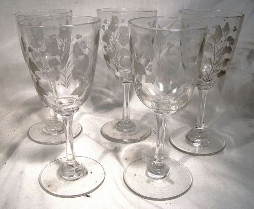 5 Victorian Hand Etched Cordial Liquer or Wine Glasses