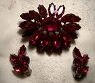 Austrian Deep Red Crystal Layered Flower Brooch Pin and Earrings Set