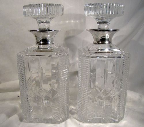 Pair English Heavy Crystal Sterl. Silver Topped Liquor Decanters 1963