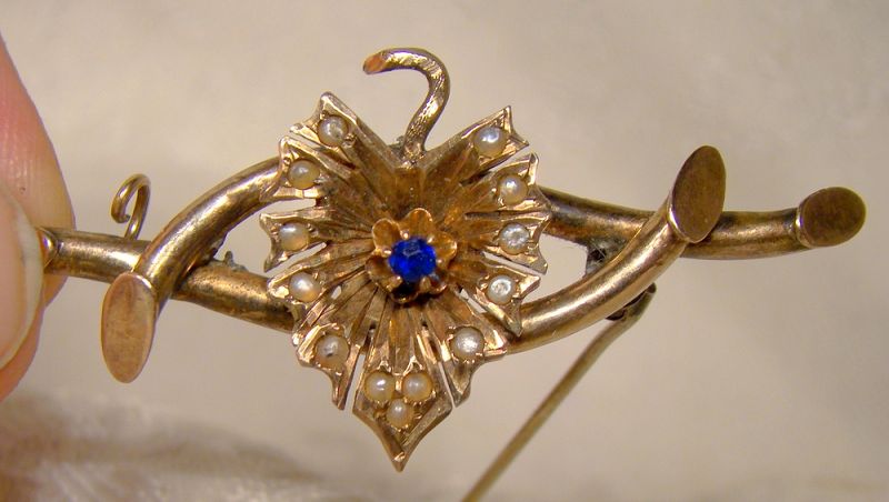 Victorian 14K Gold Synthetic Sapphire Seed Pearls Leaf Pin Brooch 1880