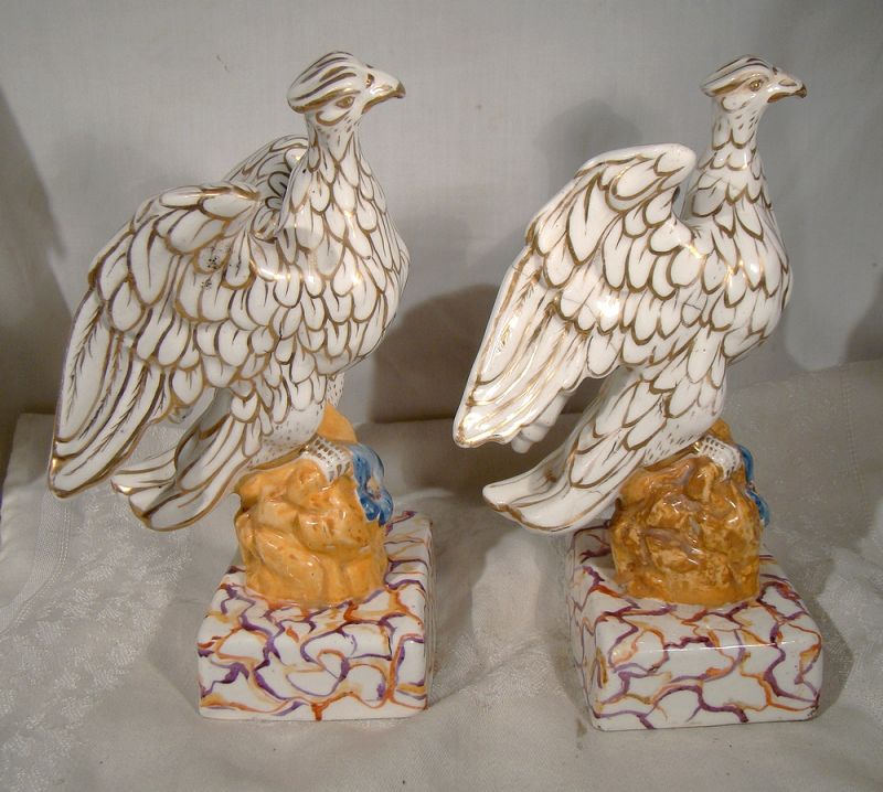 Pair Early Staffordshire Figurines Eagles Marble Painted Bases 1820-50