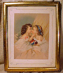 CHILDREN with DOLL CHROMOLITHOGRAPH in Frame c1860