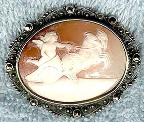 SILVER MARCASITES CHARIOT & GOATS SHELL CAMEO PIN BROOCH 1900-20