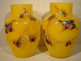 Pair Victorian Yellow Cased Glass Vases with Enamel Birds Decoration