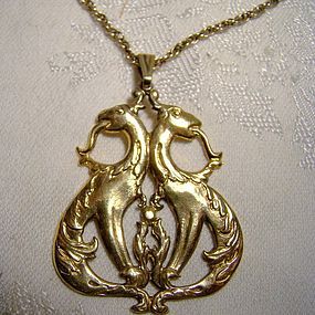 Sterling Silver Double Dragon Gilt Pendant Necklace c1930s Chimera