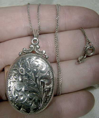 Birks Sterling Engraved Sterling Silver Photo Locket & Chain Necklace