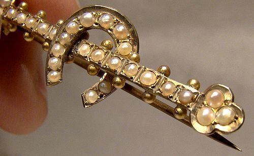Antique Victorian 9k Horseshoe Seed Pearls Bar Brooch or Pin 1886