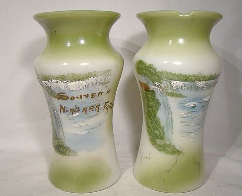 Antique Niagara Falls Souvenir Milk Glass Spills or Mantle Vases
