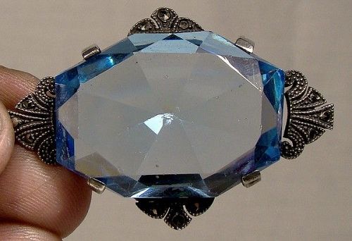 Coro Sterling Silver Marcasites Art Deco Blue Crystal Brooch 1920s
