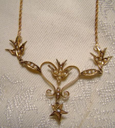 Edwardian 10K 14K Birds and Heart Seed Pearls Lavaliere Necklace 1900